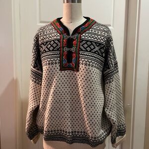 Classic Black & White Nordic Zip-Up Sweater with Red and Green Trim